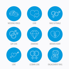 Love heart, gift box and wedding ring icons.