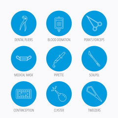 Medical mask, blood and dental pliers icons.