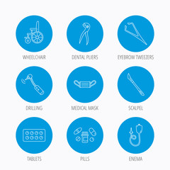 Medical mask, pills and dental pliers icons.