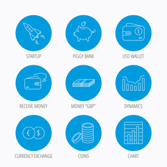 Piggy bank, cash money and startup rocket icons.