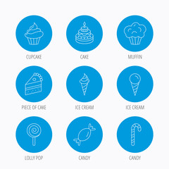 Cake, candy and muffin icons. Cupcake sign.