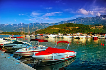 Boats on the dock to the sea in Montenegro coast
