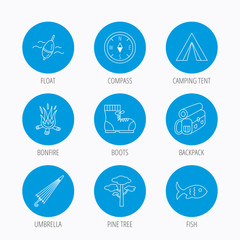 Pine tree, fishing float and hiking boots icons.