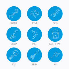 Spanner repair tool, spatula and bolt icons.