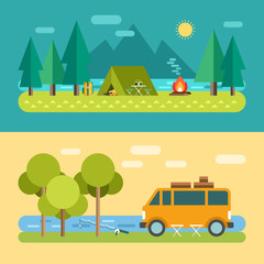 Obraz premium Camp Concept. Tourist Tent on the Lake. Minivan on the River, Fishing. Vector Illustration in Flat Design Style for Web Banners or Promotional Materials