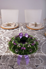 Wooden table setting and decoration for meal time, studio shot