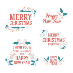 Set of Christmas Postcard Decorative Greetings with Mistletoe Branch, Berries and Typographic Design Elements. Hand Drawn Vector Illustration
