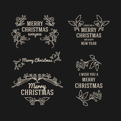 Set of Christmas Postcard Decorative Greetings with Mistletoe Branch, Berries and Typographic Design Elements. Hand Drawn Vector Illustration