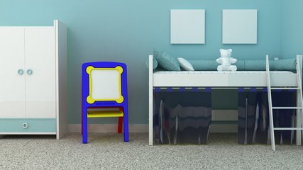 Empty picture frames in classic children room interior background on the decorative painted wall with ruber floor. Copy space image. 3d render
