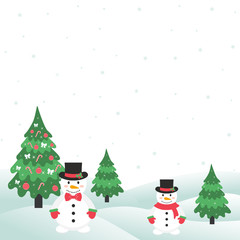 winter with christmas trees and snowman