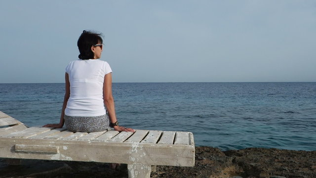 attractive woman admires sea on the shore 