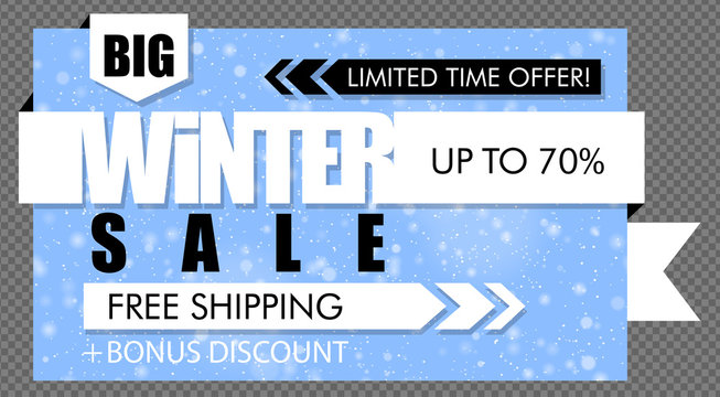Blue and white big winter sale banner with snowfall background