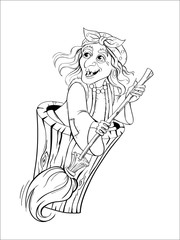 Baba Yaga. Witch from Russian folk tales. Black and white illustration for coloring book