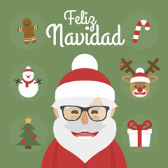 Fototapeta na wymiar Hipster Santa Claus character illustration and christmas icons set. merry christmas written in Spanish 