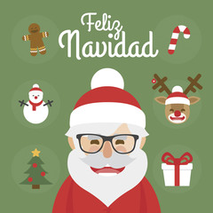 Hipster Santa Claus character illustration and christmas icons set. merry christmas written in Spanish
