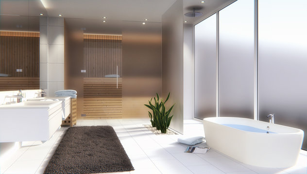 Modernes Badezimmer mit Sauna - 3D render