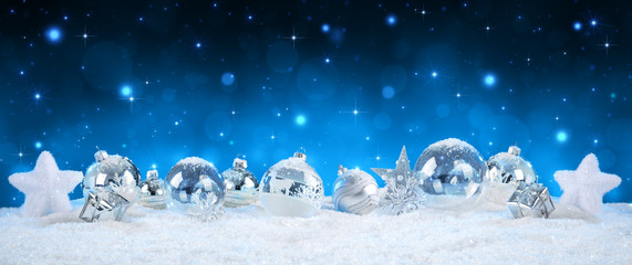 Silver Baubles On Snow - Starry Night Background
