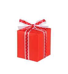 wrapped red gift box with ribbon bow isolated on white