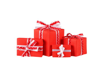 wrapped red gift boxes with ribbon bows isolated on white