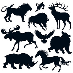 Set of 9 vector silhouettes of wild animals