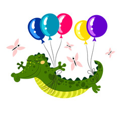 Cute Crocodile flying on balloons. Vector illustration.