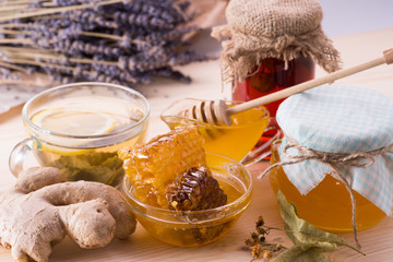 Honey, ginger, lavender, tea, hoheycomb, lemon
