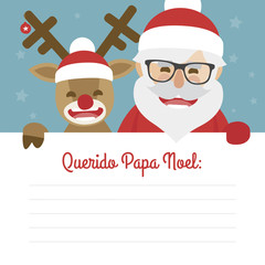 Letter merry christmas illustration of santa claus and red nosed reindeer on blue background. dear santa claus written in Spanish
