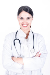 Confident female nurse, doctor with stethoscope isolated over white background 