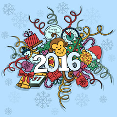 Vector Christmas and Happy New year card with cute monkey with 2016 number. Holiday background with hand drawing cartoon character, snowflakes, snowman, bells. Doodle vector illustration.