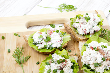 sandwiches with cottage cheese, chives and salad.
