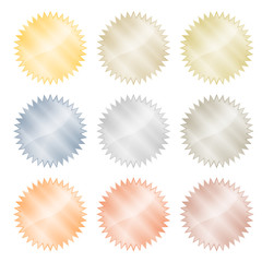 Blank glossy stickers with reflections vector gold, red gold, platinum, silver, bronze, copper, aluminum.  Which can be used as coins, labels, buttons