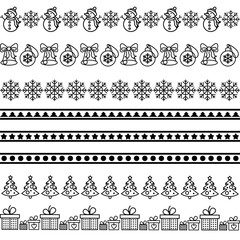 Fototapeta premium Christmas borders with snowman, snowflake, bells, gift, star. Vector illustration