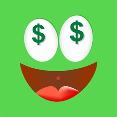 Joyful green human face with green eyes, the symbol of the dollar with laughing open mouth with red tongue on a green background