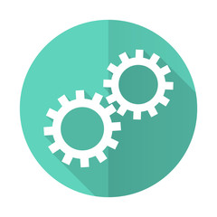gear blue flat desgn circle icon with long shadow on white background