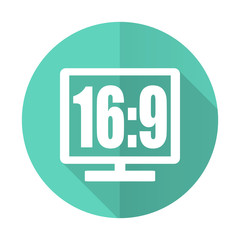 16 9 display blue flat desgn circle icon with long shadow on white background