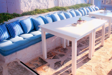 Beautiful terrace with white sofa, Crete, Greece.