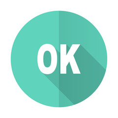 ok blue flat desgn circle icon with long shadow on white background