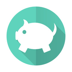 piggy bank blue flat desgn circle icon with long shadow on white background