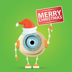Cartoon Cute Robot with  santa claus red hat. 