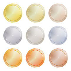 vector set of polished metal circular shape made ​​of platinum, gold, red gold, silver, bronze, copper, aluminum, which can be used in web design as the medals, coins, buttons, sewing buttons, signs