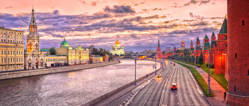 Moscow skyline at red evening light, Russian Federation