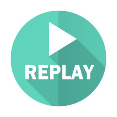 replay blue flat desgn circle icon with long shadow on white background