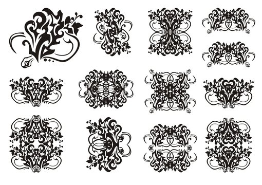 Decorative snake symbols in tribal style. Set of snake symbols and frames. The coiling snake in a grass