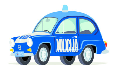Caricatura Fiat Zastava 600 - 750Z milicia yugoeslava azul vista frontal y lateral
