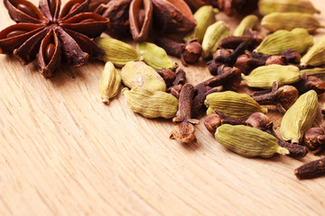 Spices cardamom anise stars and cloves