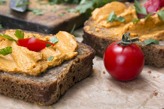 Sandwich With Tomato Pate And Chopped Parsley - Delicious Breakfast