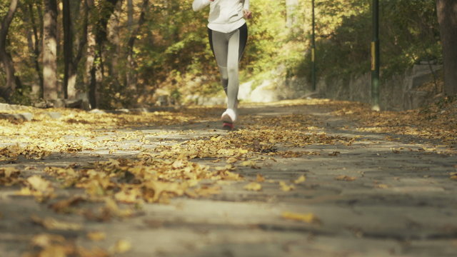 Close up of feet of a runner women running in autumn leaves. Fitness healthy lifestyle.