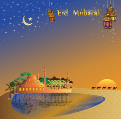Islamic muslim holiday celebration best wishes, with colorful mosque, sunset evening, lanterns and desert