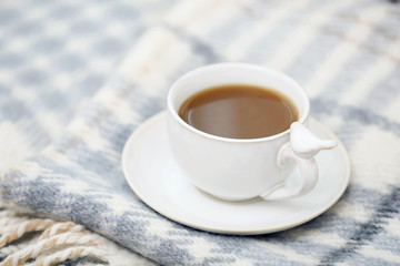 Cup of coffee on sofa in living room