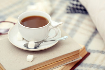 Cup of coffee with books on sofa in living room